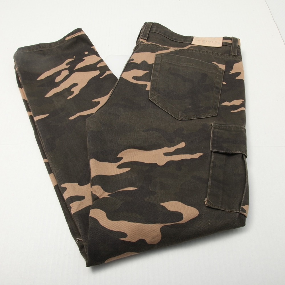 Golden Denim Cargo Pants Mens 38 Green Camo Distressed Moto Slim Straight USA